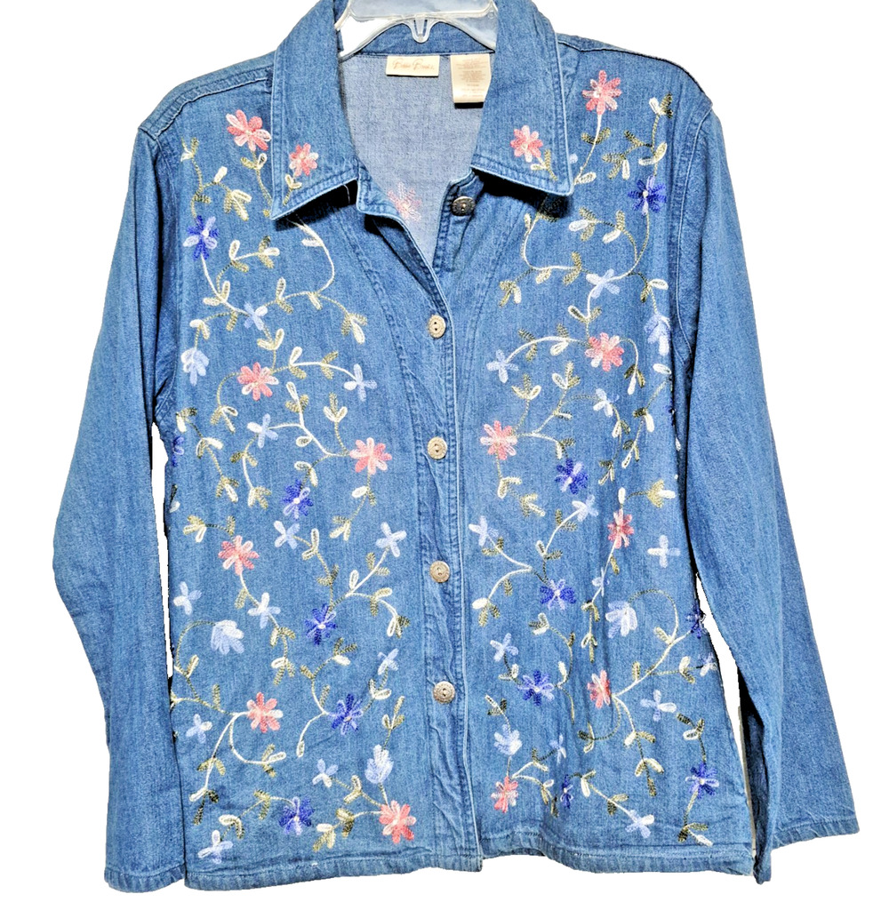 Bobbie Brooks Denim Jacket Womens L 12/14 Floral Embroidered Vintage Boho Blue